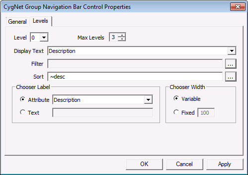 Group Navigation Bar Control Properties - Levels Page